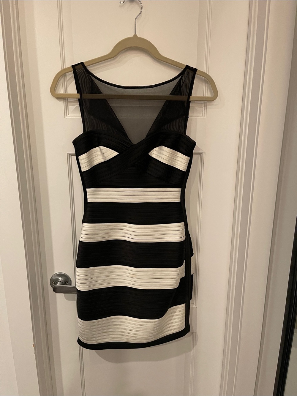 BCBGMAXAZRIA Mara Black White Striped Mesh Bandage Bodycon Mini Dress | Size 0